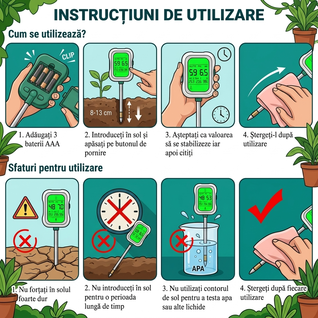 Tester Sol 7 in 1 MILORI – pH, Fertilitate, Umiditate, Temperatura, Lumina