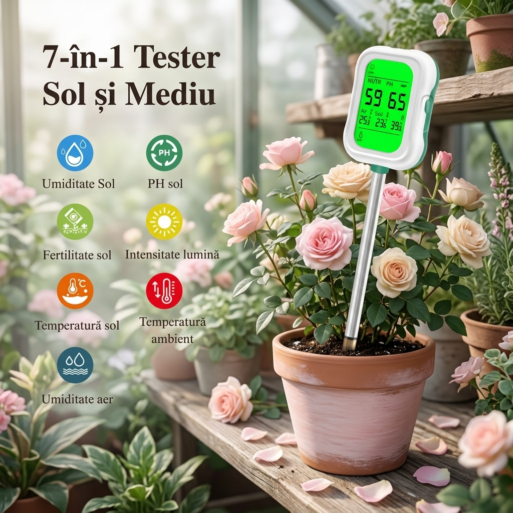 Tester Sol 7 in 1 MILORI – pH, Fertilitate, Umiditate, Temperatura, Lumina